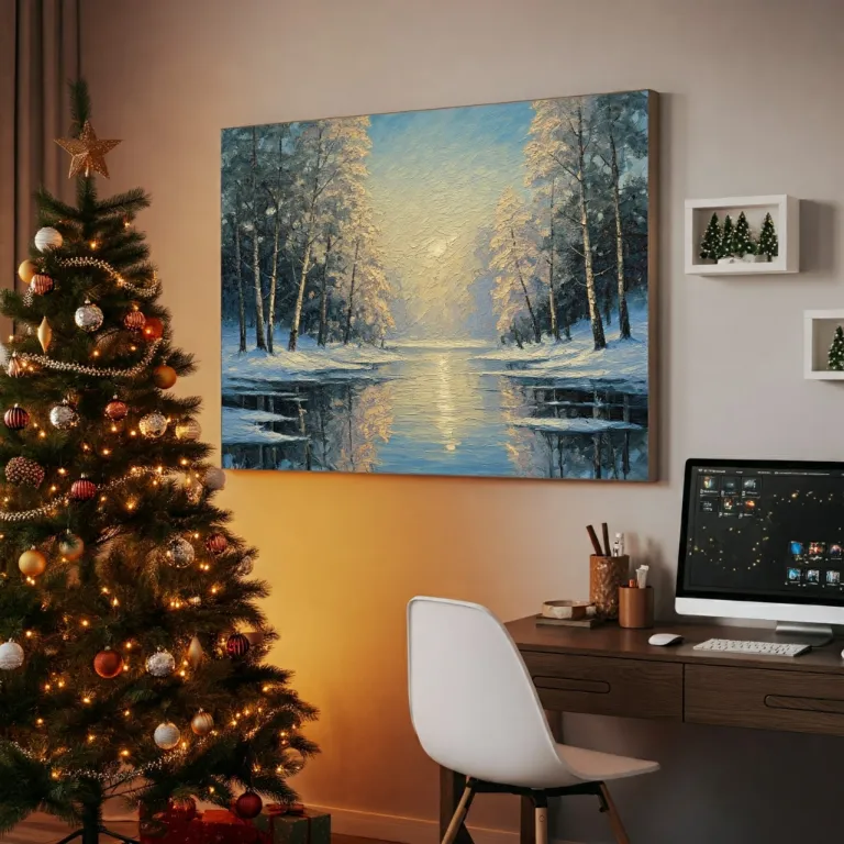 Oil Painting about Christmas in the home office